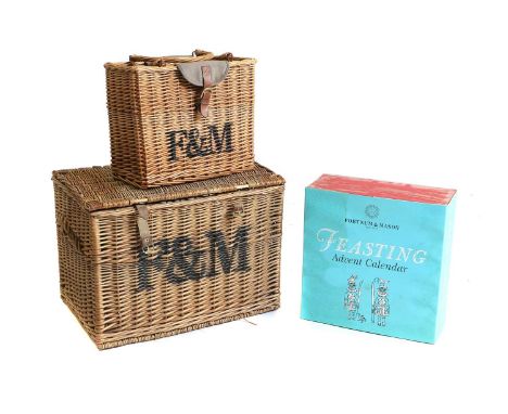 A Fortnum & Mason hamper and rug, with a canvas and leather strap, each with F&amp;M monograms, 40.5cm wide, 20cm deep, 32.5c