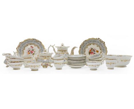 An English porcelain tea service, c.1830, in the manner of Coalport, pattern 228x, comprising a teapot and cover, 18.5cm high