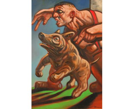 •PETER HOWSON (b.1958) A man standing with his dog, signed lower right, oil on canvas, 23" x 15". See illustration. 