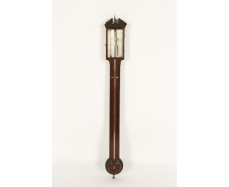 A REGENCY MAHOGANY STICK BAROMETER, the silvered scale signed C. Carabelli, with an arched top hood and domed reservoir cover