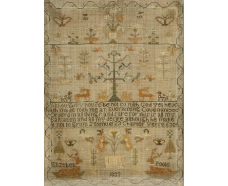 A WILLIAM IV NEEDLEWORK SAMPLER worked by Elizebeth Poole, with central motto "Although my house be not so with God ....", su