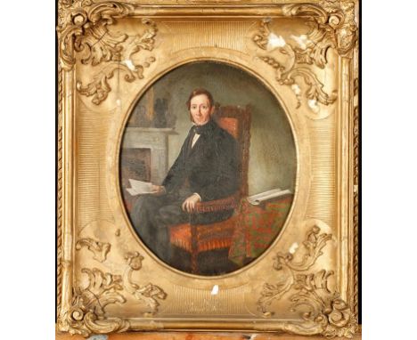ASCRIBED TO WILHELM CORRODI (Swiss 1826-1885) A portrait of a gentleman seated in a high back chair holding papers in his han