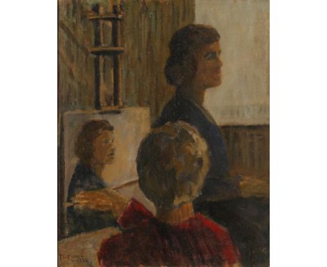 •BERNARD FLEETWOOD-WALKER (1893-1965) A profile portrait of a lady with two boys by her side, signed lower left, oil on canva