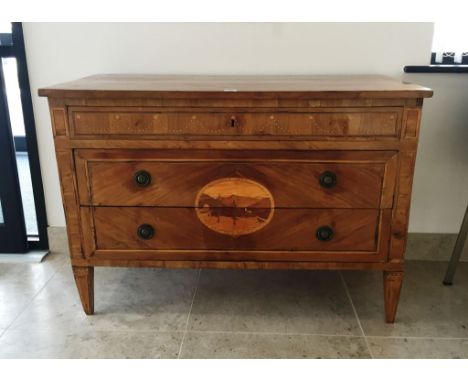 A LATE 18TH CENTURY ITALIAN WALNUT AND MARQUETRY COMMODE, the rectangular top with quarter matched veneers within broad cross