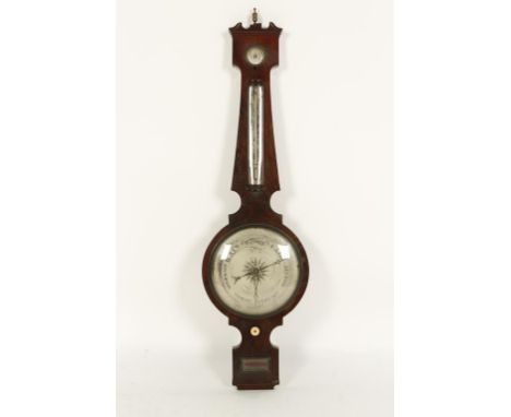 A GEORGE III WHEEL BAROMETER BY L. BALERNA, HALIFAX, with a broad silvered dial beneath a dry/damp gauge, thermometer and abo