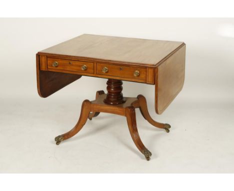 A 19TH CENTURY MAHOGANY SOFA TABLE, the rectangular top with ebony stringing with twin drop flap ends, above two short and co