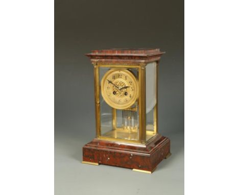 A 19TH CENTURY FRENCH ROUGE MARBLE AND GILT BRASS 'FOUR GLASS' MANTLE CLOCK, the dial signed J. Sewill, 30 Cornhill, London, 