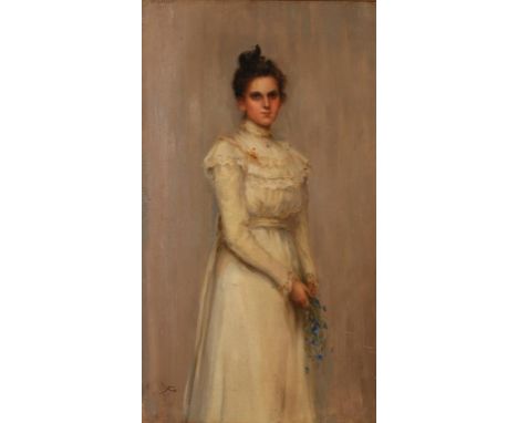 ENGLISH SCHOOL, Early 20th century A portrait of a young lady standing in a white dress holding flowers, entitled 'Eva Greene