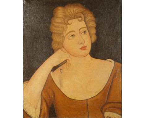 AMERICAN SCHOOL, 17th century style A portrait of a lady wearing a brown tunic, oil on canvas, 21.5" x 18.5". See illustratio