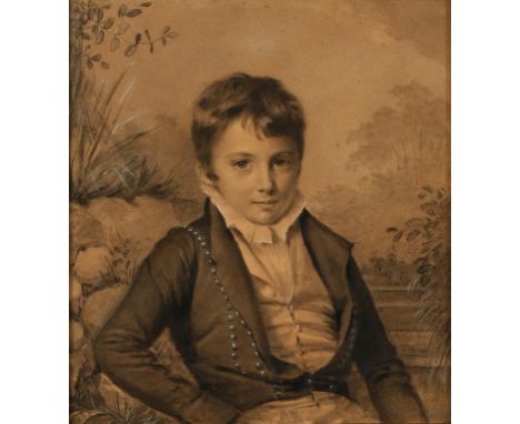 ENGLISH SCHOOL, early 19th century A portrait study of a young boy wearing a ruffed collar and buttoned jacket , with steps a
