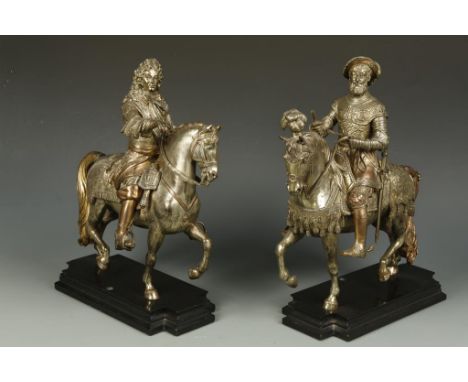 P.H. MUEREY: A PAIR OF 19TH CENTURY SILVERED BRONZE STATUES of Louis XIV and Francoise I of France on horseback wearing armou