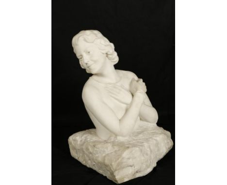 FELIX VEIHS DE WELDON (1907-2003), a carved marble portrait bust of a woman, head and torso with arms crossed emerging from a