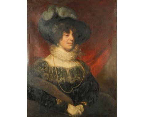 ENGLISH SCHOOL, 19th century A portrait of a seated lady wearing a hat and black dress, with lace collar and ruff, red curtai