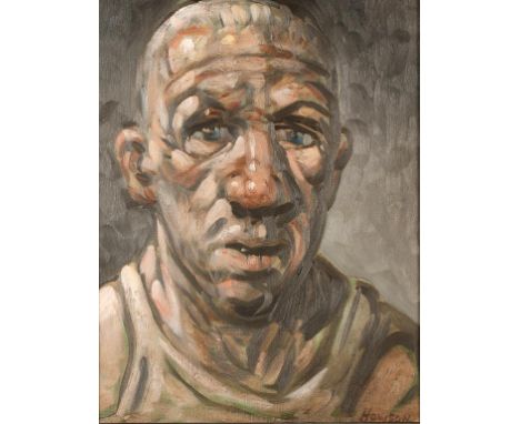 •PETER HOWSON (b.1958) A portrait of a man in a vest, signed lower right, oil on canvas, 17.5" x 13.25". See illustration.