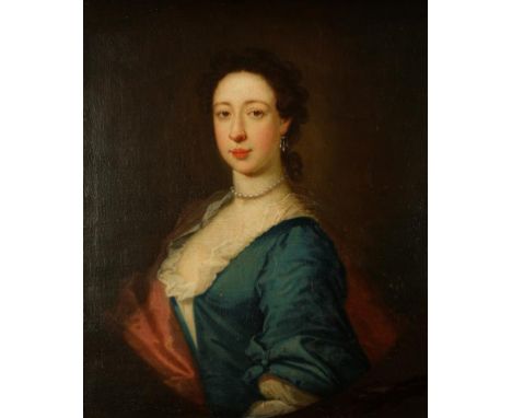 ATTRIBUTED TO THOMAS BARDWELL (1704-1767) A half-length portrait of a lady wearing a pearl necklace and blue dress, signed in