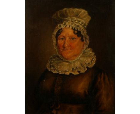 ENGLISH SCHOOL, 19th century A half-length portrait of an elderly lady and wearing a lace bonnet and ruff, oil on canvas, 19.