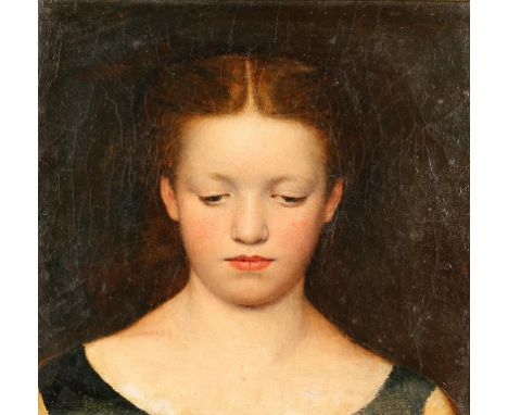 PRE-RAPHAELITE SCHOOL, 19th century A portrait of a young girl gazing down, bust-length, oil on canvas, 7.25" x 7.75". See il