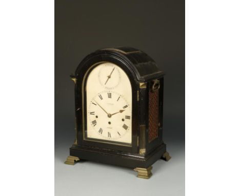 JAMES MACABE OF LONDON: AN EBONISED MUSICAL BRACKET CLOCK, the arch painted dial with 'strike/silent' dial above a painted ch