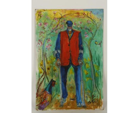 &bull;SVEN BERLIN (1911-2000) A self-portrait with crutches beside trees, signed and dated lower right '95, 36" x 24". Proven