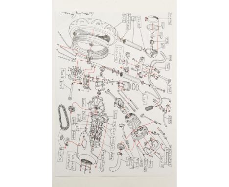 •GRAYSON PERRY "F*****g cow, how dare you say that" - The workings of the mind depicted as a motorbike in parts, pencil with 