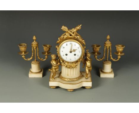 A 19TH CENTURY FRENCH MARBLE AND GILT BRONZE MANTEL CLOCK, the convex white enamelled dial with decorative pierced gilt hands