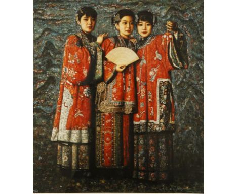 DI LI FENG (Chinese 1958) "Mountains and Rivers" - a study of three Chinese women, signed and numbered 46/195 in white crayon