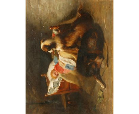 THOMAS WILLIAM EARL (1815-1885), 'Left in Charge', a child sleeping in a bed being watched by a dog, oil on board, 10" x 13",