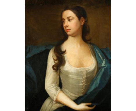 ENGLISH SCHOOL, early 18th century A half-length portrait of a woman wearing a white dress with blue shawl, her hair falling 