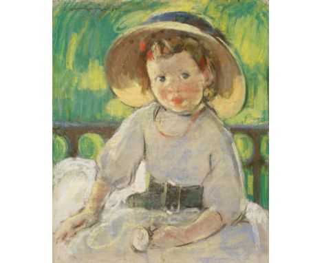 "WYN" WINIFRED GEORGE A portrait of a young girl seated in greenery wearing a bonnet and beads, signed upper left and indisti