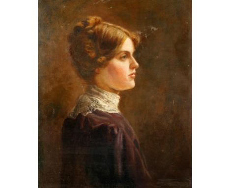 •RICHARD BERTRAM OGLE (1889-1976) A profile portrait of a young lady wearing a purple dress with lace collar, signed lower ri