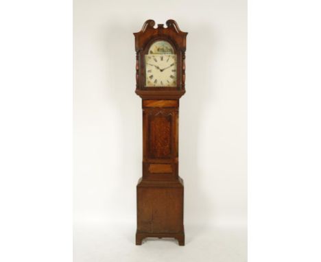 A 19TH CENTURY OAK AND MAHOGANY CROSSBANDED LONGASE CLOCK, with an enamelled dial indistinctly signed, with a landscape paint