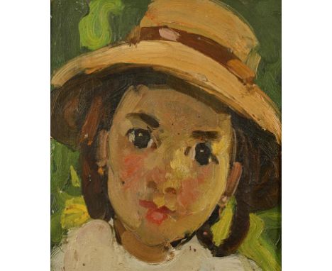 ATTRIBUTED TO WINIFRED GEORGE (1908-1936) A portrait of a young girl wearing a hat, oil on panel, 7.5" x 6.5"