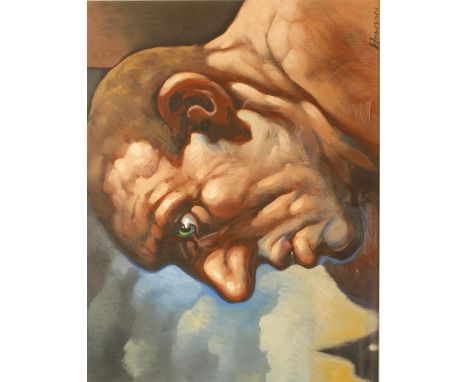 •PETER HOWSON (b.1958) A profile portrait of a man, with a church spire in the background, signed lower right, oil on canvas,