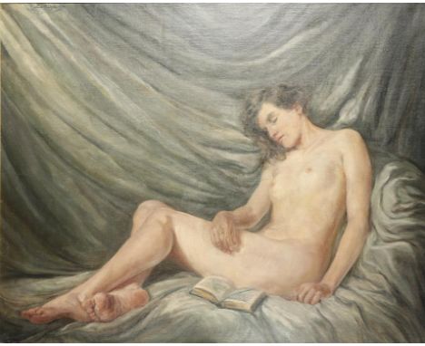 •RICHARD B. OGLE (1889-1976) A portrait of the artist's daughter, Sylvia, reclining naked on a bed with a book to her side, s