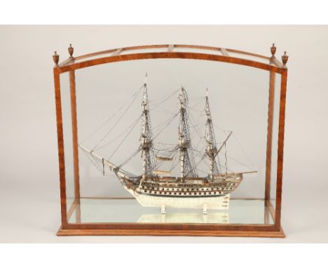 A magnificent Napoleonic French Prisoner of War bone ship model, Le Caton taken by Lord Hood in the Mona Passage, April 1782,