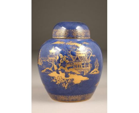 Large Carltonware ginger jar with cover blue ground with gilt pagoda decoration stamped with the early blue crown mark, 26cm 