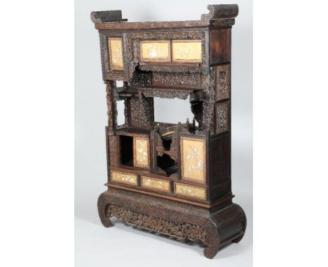 Japanese shodana cabinet, meiji period, circa 1880, very finely carved hardwood with a combination of cupboards with gold lac