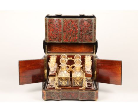 19th century French boulle work liqueur cellar, hardwood case with exterior boulle work decoration, rosewood interior with fo
