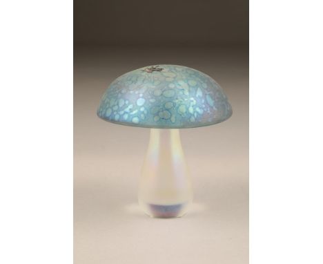 Glasform iridescent glass mushroom, with applied butterfly, signed J Ditchfield and etched Glasform, original label, approx. 
