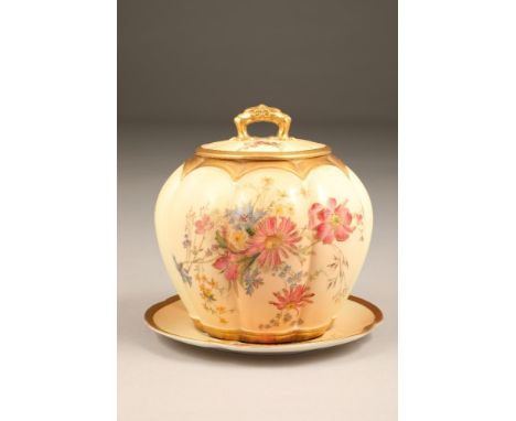 Royal Worcester blush ware jar, cover and fitted plate, with hand painted decoration. Model No 1412, date coded 1907, 18cm hi