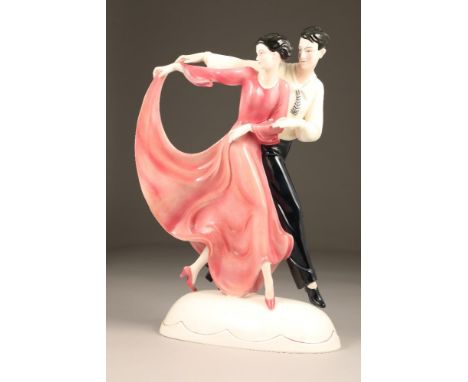 Large Katzutte porcelain Art Deco model, of a couple dancing on an oval base, green printed mark, 48cm high.