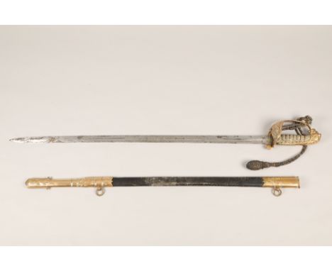 A British naval officers dress sword with shagreen grip and leather scabbard with etched blade, 81cm long. CONDITION REPORT: 