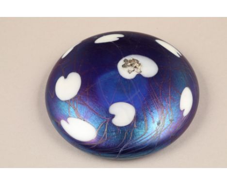 John Ditchfield for Glasform, a purple iridescent glass lily pad paperweight, mounted with a silver frog, etched to base Glas