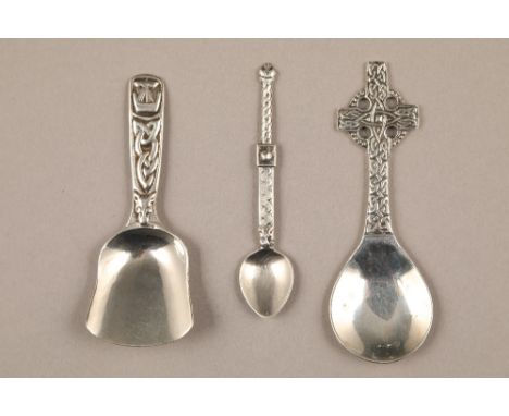 Iona silver salt spoon by Alexander Richie, Iona silver Celtic cross caddy spoon by Robert Allison and a Celtic design silver