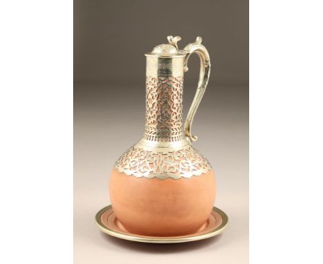 Victorian electro plated silver mounted Wedgwood earthenware decanter and stand, scroll handle with pierced scroll decoration