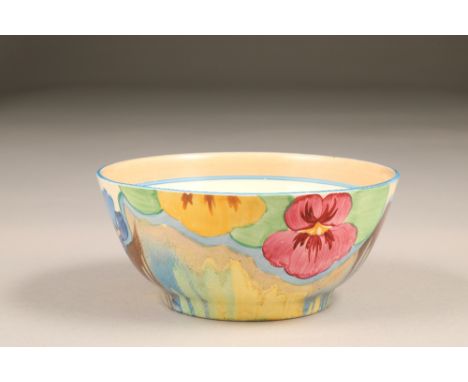 A Clarice Cliff Bizarre Delicia Pansies circular bowl, diameter 16.5cm, 7cm high.CONDITION REPORT:Bowl is in good condition w