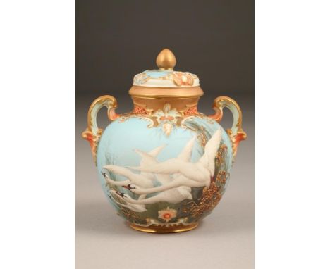 Very fine Royal Worcester porcelain vase and cover, by Charles Baldwyn, baluster form with gilt and orange acanthus leaf hand
