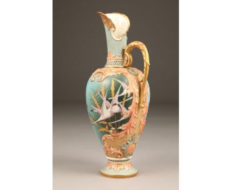 Fine Nautilus porcelain ewer, baluster form with a gilt scroll acanthus leaf handle, painted in the Charles Baldwyn style, sk