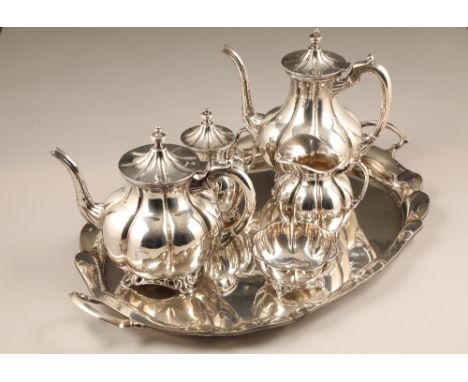 Mexican sterling silver six piece tea and coffee service, melon form compromising of a two handled tray, coffee and teapot, s