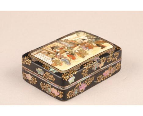 Japanese satsuma rectangular trinket box and cover, decorated internally and externally with figure panels with applied gilt 